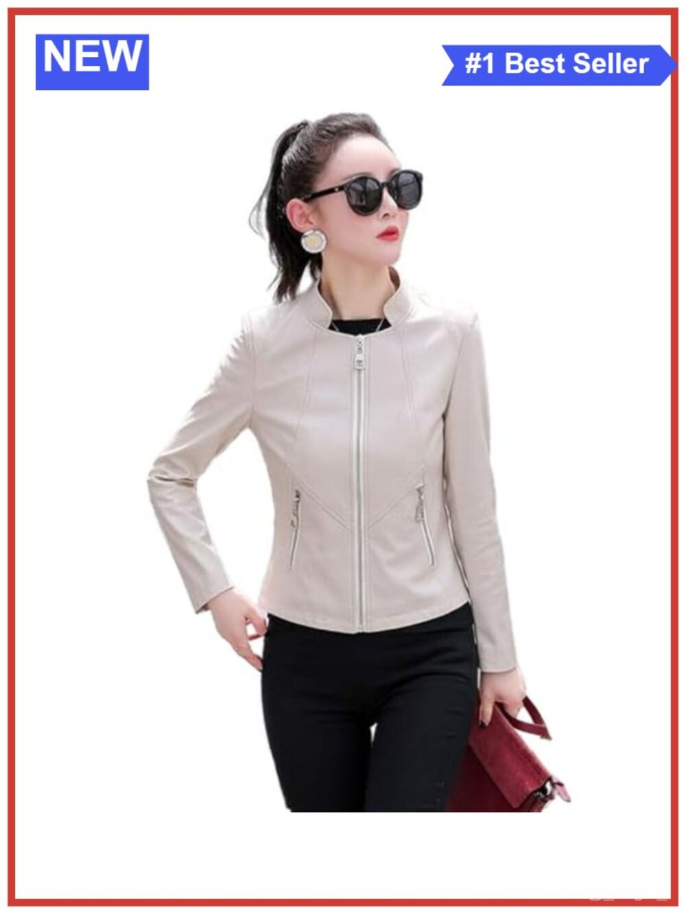 Genuine Lambskin Leather Motorcycle Jacket Women Zipper Moto Biker Coat